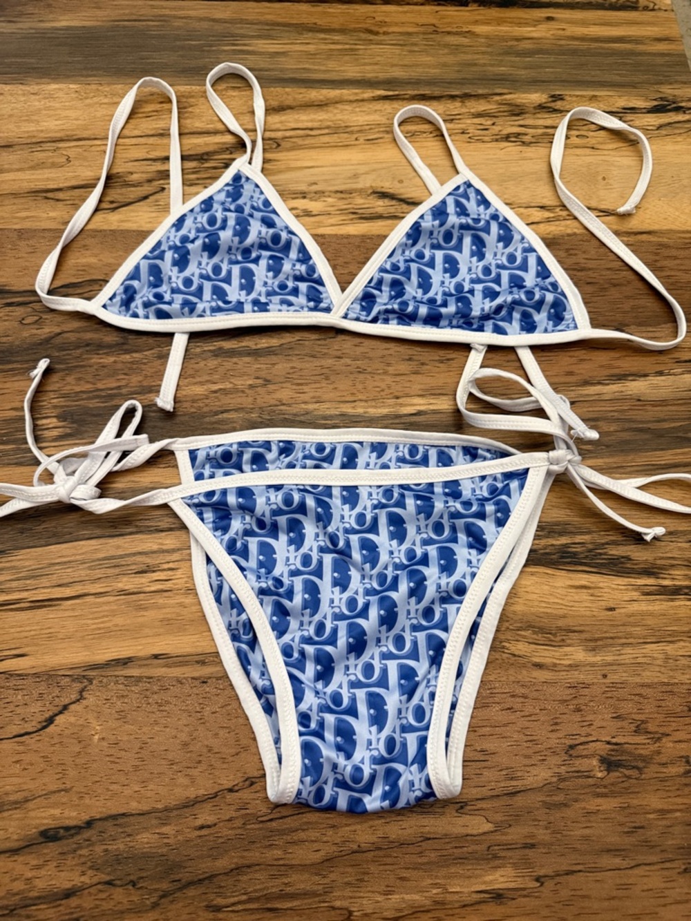 Blue Logo Print Triangle Bikini with White Trim